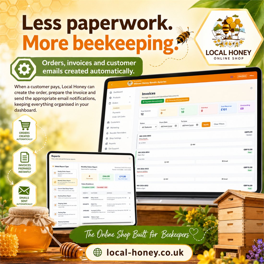 Poster: less paperwork, more beekeeping, showing the invoices and reports screens